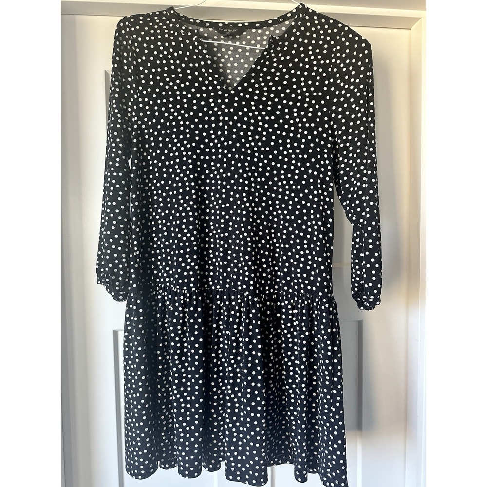 BANANA REPUBLIC Women Size‎ S Black Polka Dots V Neck Drop Waist A Line Dress